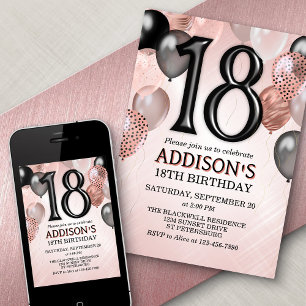 18e anniversaire Rose Gold Ballons Invitation