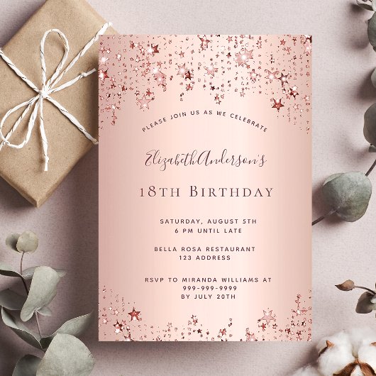 18e anniversaire rose or étoiles invitation