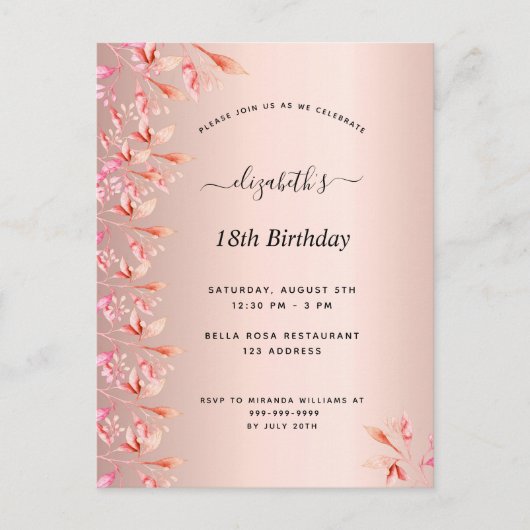18e anniversaire rose or rose invitation florale (Devant)