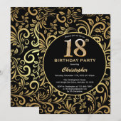 18e Birthday Black en Gold Floral Pattern Kaart (Voorkant / Achterkant)