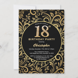 18e Birthday Black en Gold Floral Pattern Kaart