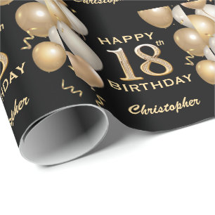 18e Birthday Black en Gold Glitter Balloons Cadeaupapier