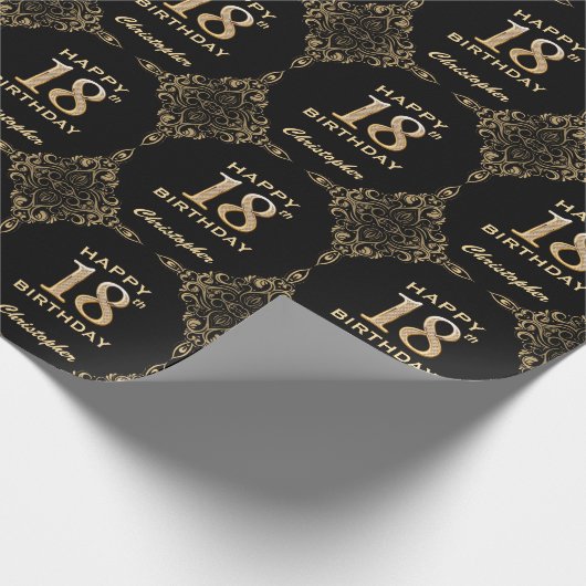 18e Birthday Black en Gold Glitter Lijst Cadeaupapier (Hoek)