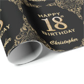 18e Birthday Black en Gold Glitter Lijst Cadeaupapier (Rol Hoek)