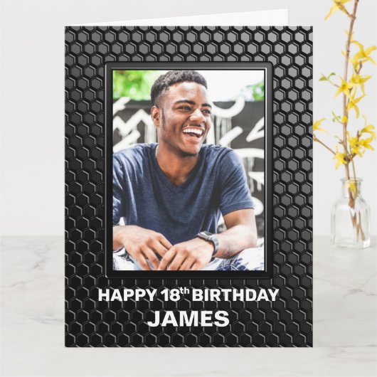 18e Birthday Black Geometric Pattern Aangepaste fo Kaart (Gele Bloem)