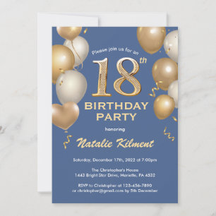 18e Birthday Blue en Gold Glitter Balloons Kaart