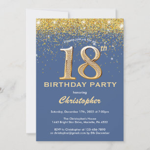 18e Birthday Blue en Gold Glitter Confetti Kaart