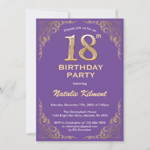 18e Birthday Paars en Gold Glitter Lijst Kaart