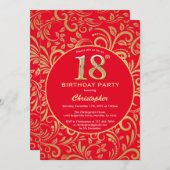 18e Birthday Red en Gold Floral Pattern Kaart (Voorkant / Achterkant)