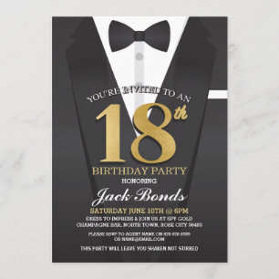 18e Birthday Spy Suit Black stropdas Gold Invitati Kaart