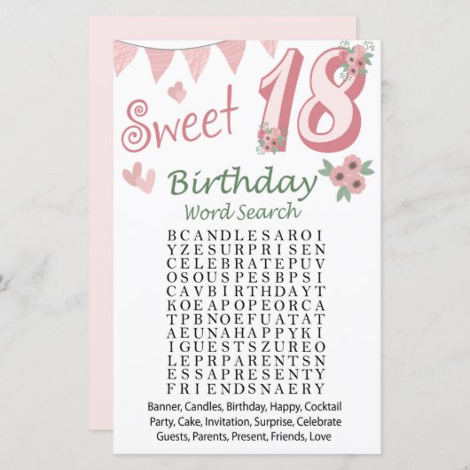 18e Birthday Word Search Game (Voorkant / Achterkant)