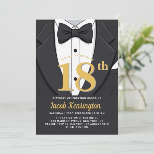 18e Black and Gold Tuxedo verjaardagsevenement Kaart (Staand voorkant)