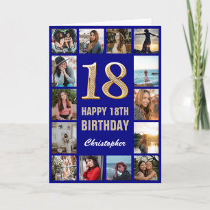 18e Happy Birthday Navy Blue & Gold Photo Collage Kaart