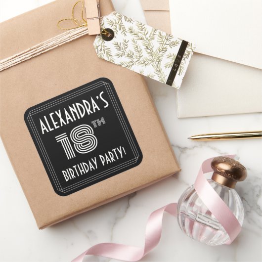 18e verjaardag: Art Deco Style en aangepaste naam Vierkante Sticker (Geschenken)