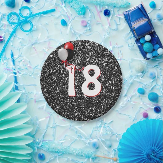 18e verjaardag ballonnen op zwarte glitter papieren bordje (Feest)