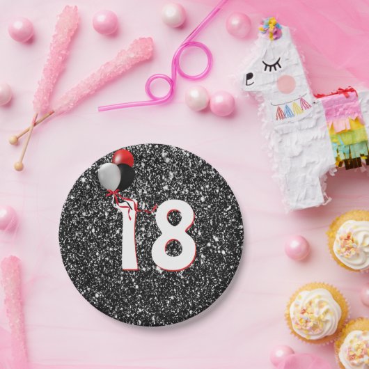 18e verjaardag ballonnen op zwarte glitter papieren bordje (Feest)