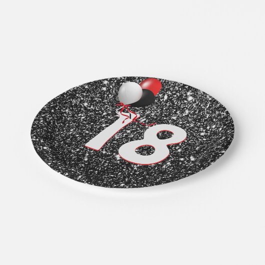 18e verjaardag ballonnen op zwarte glitter papieren bordje (Gekanteld)