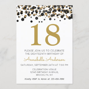 18e Verjaardag Black Gold Glitter Sparkle Confetti Kaart