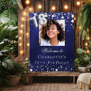18e verjaardag blauwe zilveren sterren foto welkom poster