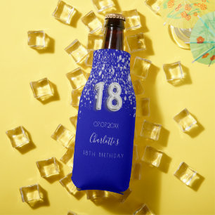 18e verjaardag - blauwe zilverglitter naam flesjeskoeler