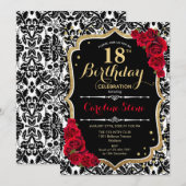 18e verjaardag - Damask Zwart Goud Rood Rozen Kaart (Voorkant / Achterkant)