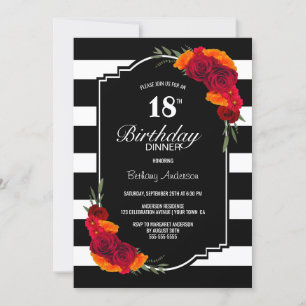18e verjaardag Dinner Black White Striped Floral Kaart