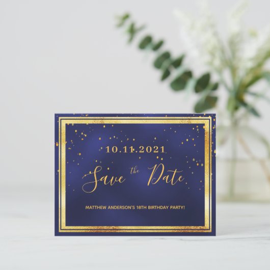 18e verjaardag donkerblauw goud behalve de datum briefkaart (Staand voorkant)