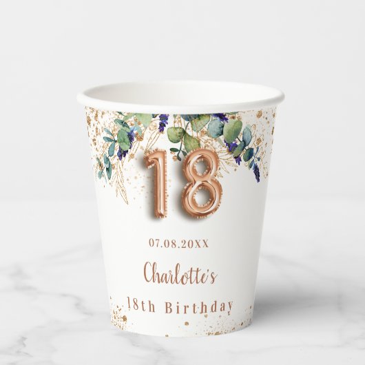 18e verjaardag eucalyptus greenery glitter monogra papieren bekers (Voorkant)