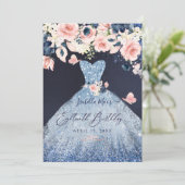 18e verjaardag Floral Dusty Blue Glitter Gown Kaart (Staand voorkant)