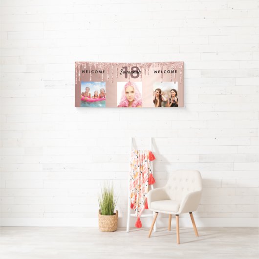 18e verjaardag foto roos gouden glitter sparkle spandoek (Insitu)