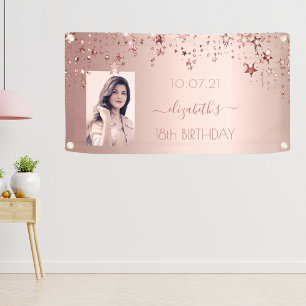 18e verjaardag foto roos gouden roze glittersterre spandoek