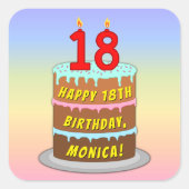 18e verjaardag: Fun Cake and Candles + Custom Name Vierkante Sticker (Voorkant)