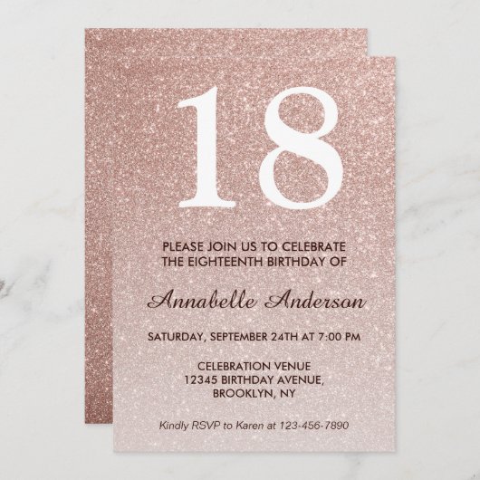 18e verjaardag Glam Roze Rose Gold Glitter Ombre Kaart (Voorkant / Achterkant)