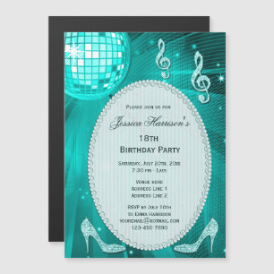 18e verjaardag Glitter Hakken en Teal Disco Bal Magnetische Uitnodiging