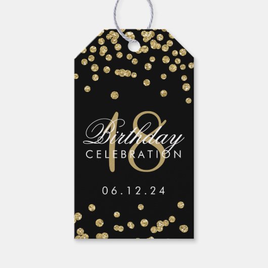 18e verjaardag Gold Faux Confetti zwart Cadeaulabel (Voorkant)