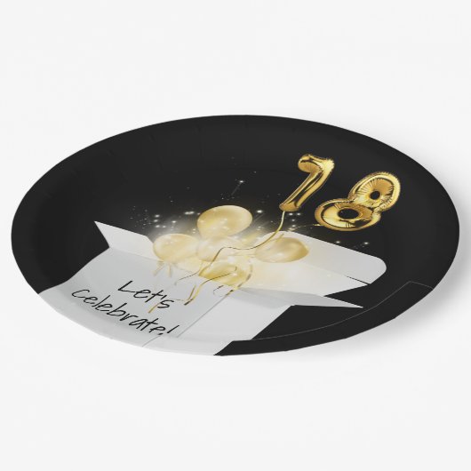 18e verjaardag goudballonnen in witte doos papieren bordje (Gekanteld)