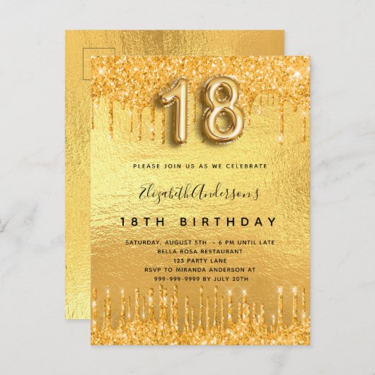 18e verjaardag gouden glitter druppels uitnodiging briefkaart (Voorkant / Achterkant)