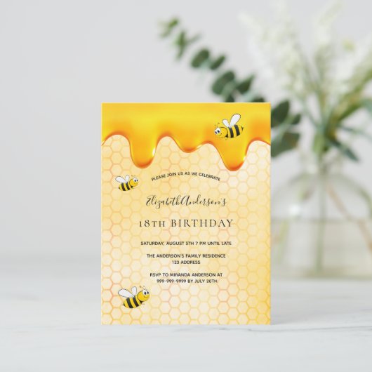 18e verjaardag hommel honingraat uitnodiging (Staand voorkant)