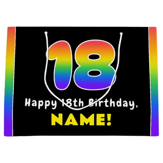 18e verjaardag: kleurrijke regenboog # 18, Naam va Groot Cadeauzakje (Voorkant)