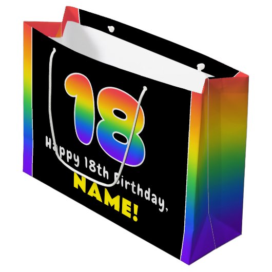 18e verjaardag: kleurrijke regenboog # 18, Naam va Groot Cadeauzakje (Voorkant Gekanteld)