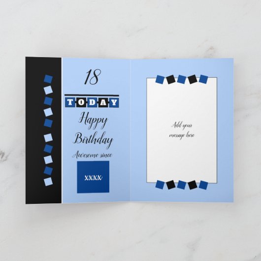 18e Verjaardag naam datum blauw wit foto Kaart (Binnen)