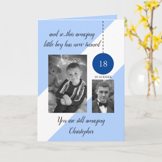 18e Verjaardag naam datum blauw wit foto Kaart (Gele Bloem)