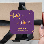 18e verjaardag paars goud hallo 18 scriptnaam vierkante sticker