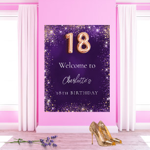 18e verjaardag paarse glitter schittert welkom poster