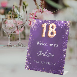 18e verjaardag paarse glitter schittert welkom reclamebord met voetstuk