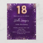 18e Verjaardag paarse roos gouden uitnodiging (Voorkant)