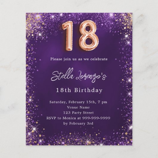 18e Verjaardag paarse roos gouden uitnodiging (Voorkant)