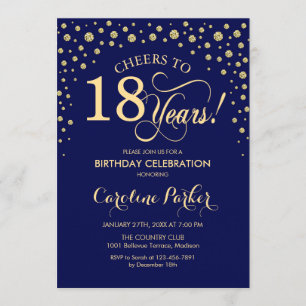 18e verjaardag Party uitnodiging - Gold Navy Blue
