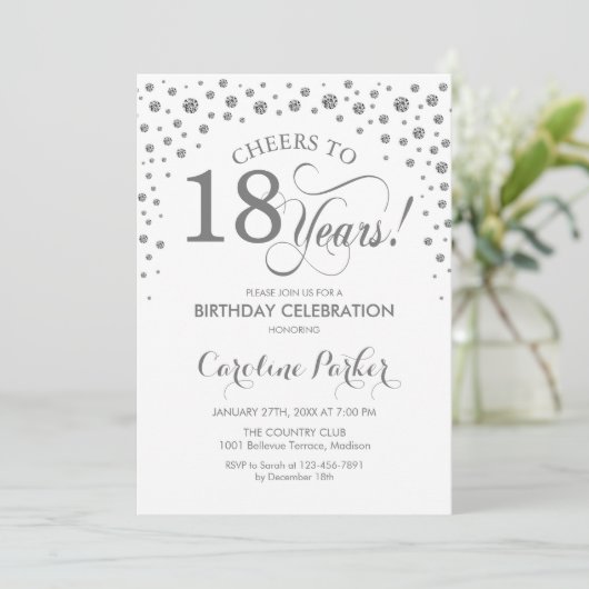 18e verjaardag Party uitnodiging - Zilver Wit (Staand voorkant)