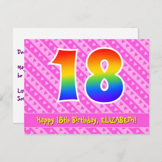 18e verjaardag: Pink Stripes & Hearts, Rainbow 18 Briefkaart (Voorkant / Achterkant)
